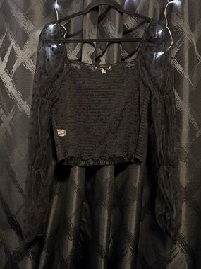 Inspired Hearts Black Sheer Sleeve Smocked Blouse Size XL